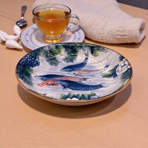 Japanese Sun Ceramics Toyo Koi Fish Pond Porcelain Bowl 12”W x 2.5“H